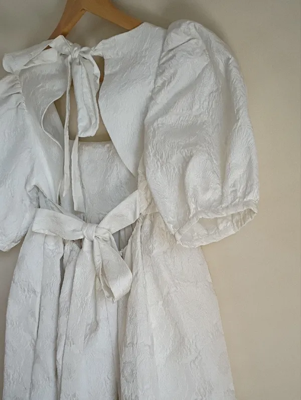 White Textured Mini Dress with Puff Sleeves and Square Neck - Image 5