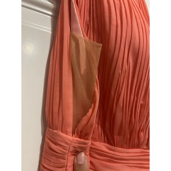 MAC DUGGAL Size 16 Coral Gown Wedding Formal Ball Gown Pleated Bodice Sequins - Image 6