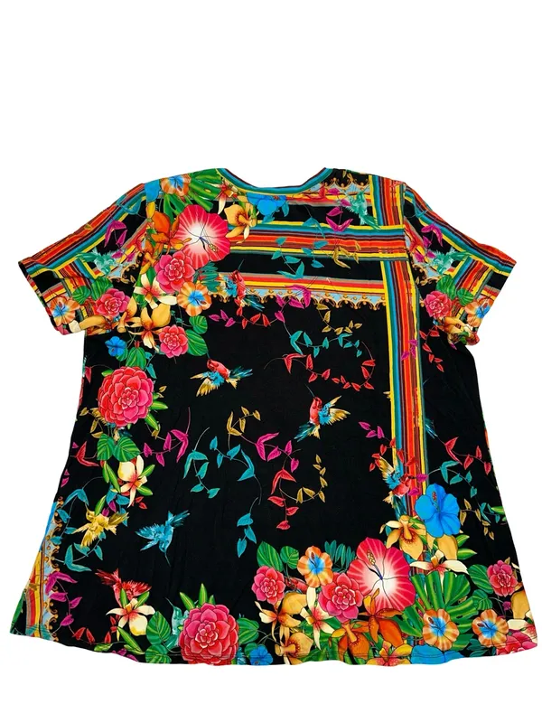 Johnny Was Women’s Size XL Black Multi Floral Bird Stripe V-Neck Tee T-Shirt - Image 3