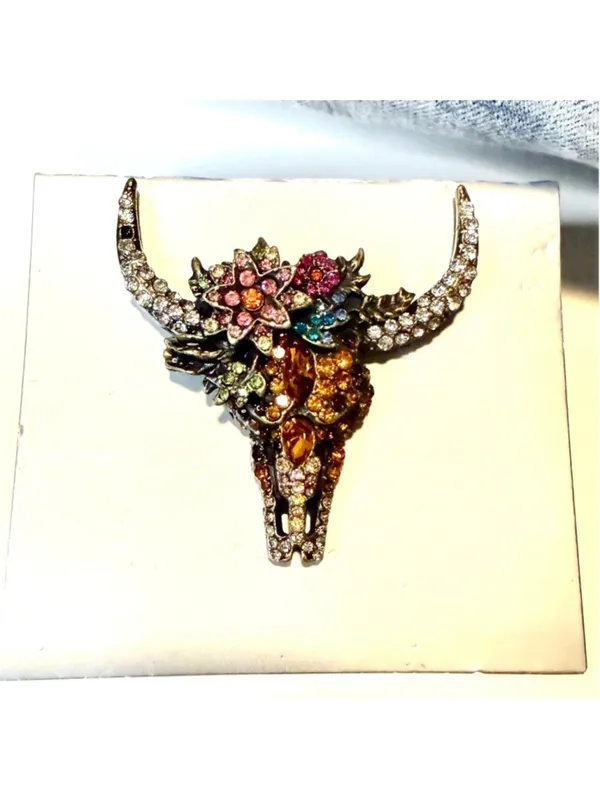NEW Longhorn Skull Floral Rhinestone Brooch Western Statement Bag Charm Pin NWT - Image 4