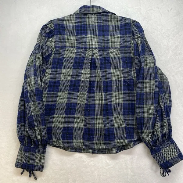 We the Free Flannel Blouse Womens S Blue Tie Sleeve‎ Button Front Western Boho - Image 9