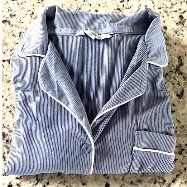 Nicole Miller Pajama Set Womens S Blue Ribbed Knit Short Sleeve Button Front - Image 7