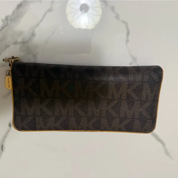 Michael Kors Brown and Gold Zip Wallet with MK Pull - Image 2