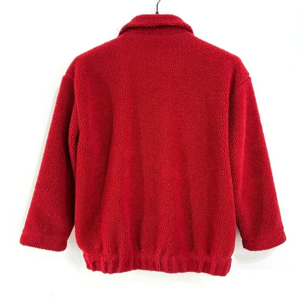 American Eagle Womens Large Fleece Teddy Jacket Red Full-Zip Pouch Pockets Cozy - Image 2