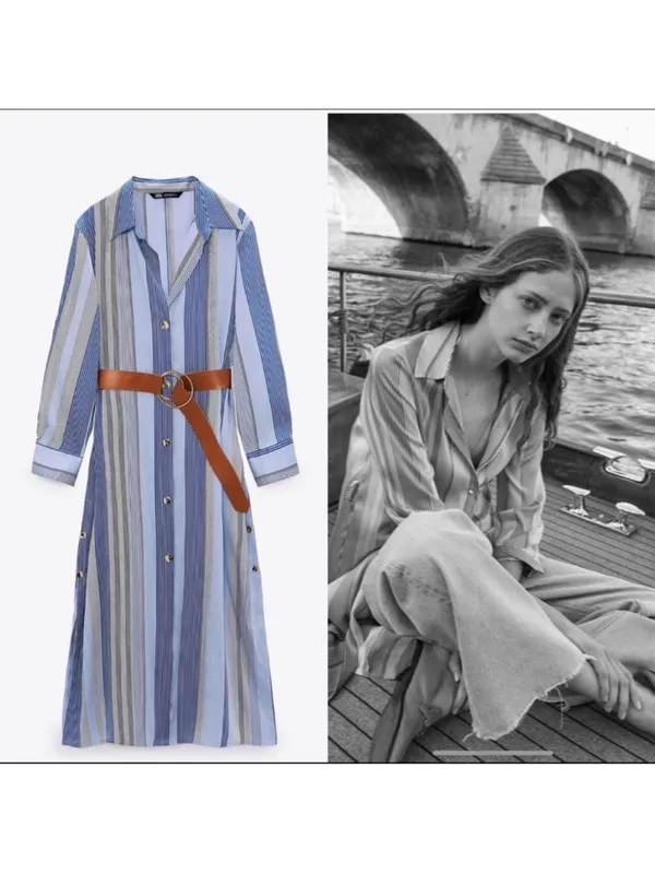Zara Blue and Gray Multi-Stripe Button-Front Midi Shirt Dress with Brown Belt - Image 5