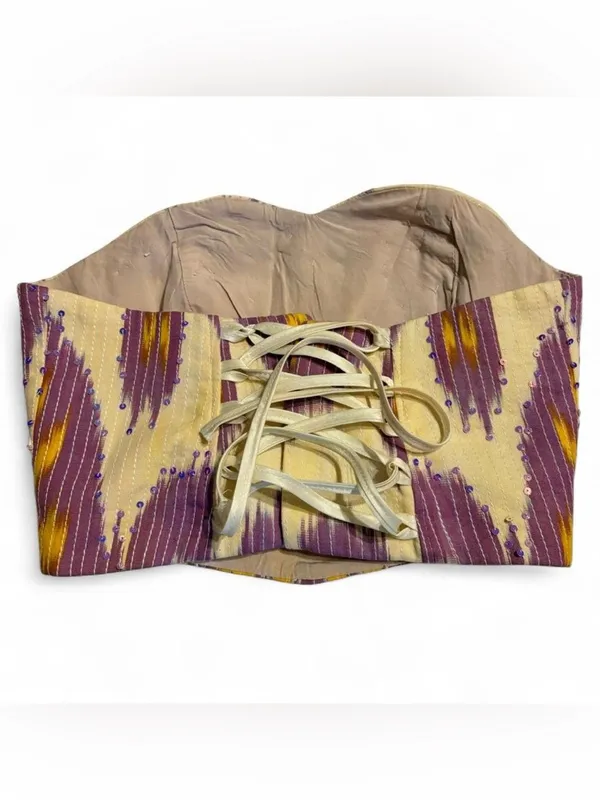 Strapless Beaded with Sequins Ikat Bustier Top in Purple and Cream - Image 2