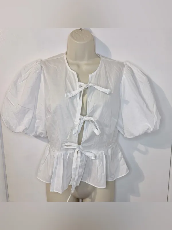 Playa Lucila White Puff Sleeve Peplum Tie Front Blouse S - Image 2