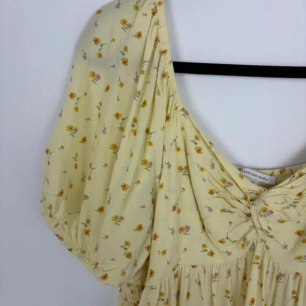American Eagle Babydoll Blouse Yellow Floral Short Sleeve Boho Cottage Large - Image 2