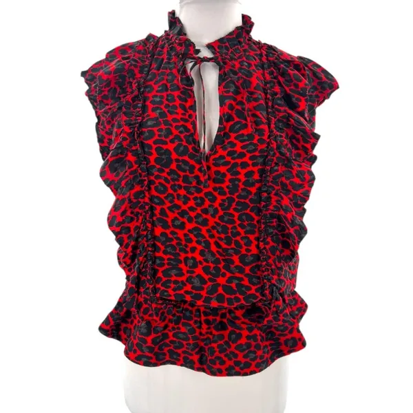 Zadig‎ & Voltaire Tibo Print Leo Ruffle Leopard Cheetah Top red XS - Image 4
