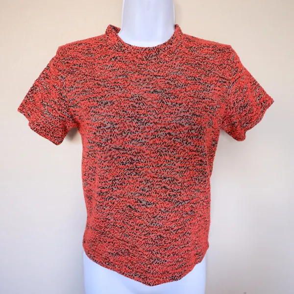 Free People Knit Top Women Size S Red Black Marled Textured Short Sleeve Boucle - Image 2