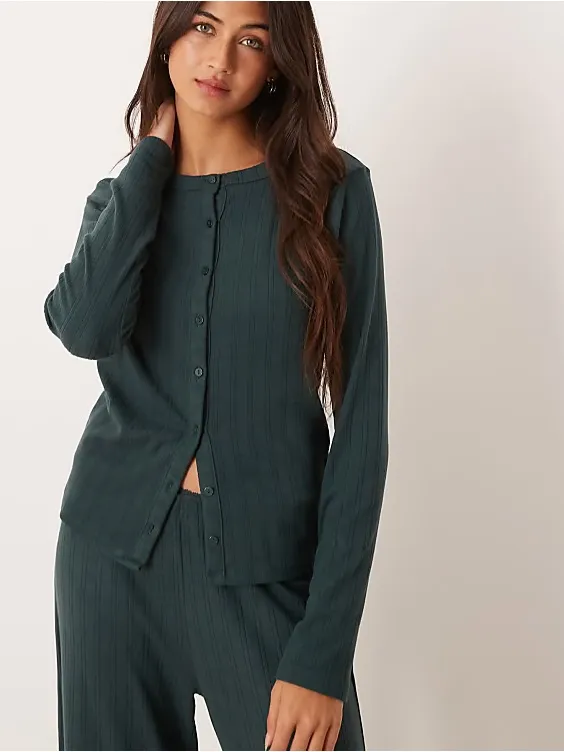 Abercrombie & Fitch Pointelle Pyjama Cardigan Co-ord in Green Medium - Image 2