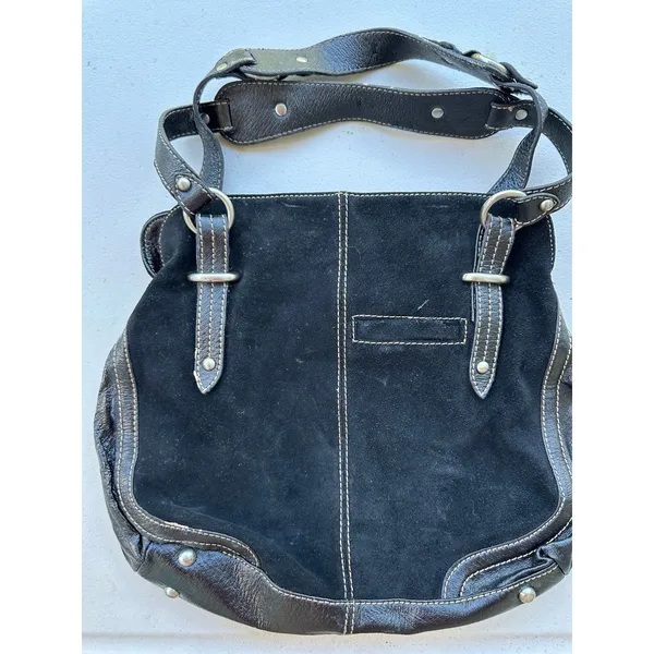 The Sak Mix Texture Patent Leather Suede Contrast Stitch Hobo Satchel Bag - Image 3