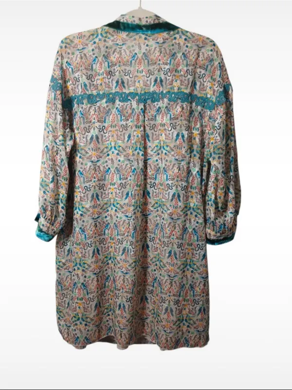 Anna Sui Boho Velvet Trim Printed Tunic Mini Dress - Long Sleeve Button Front L - Image 6