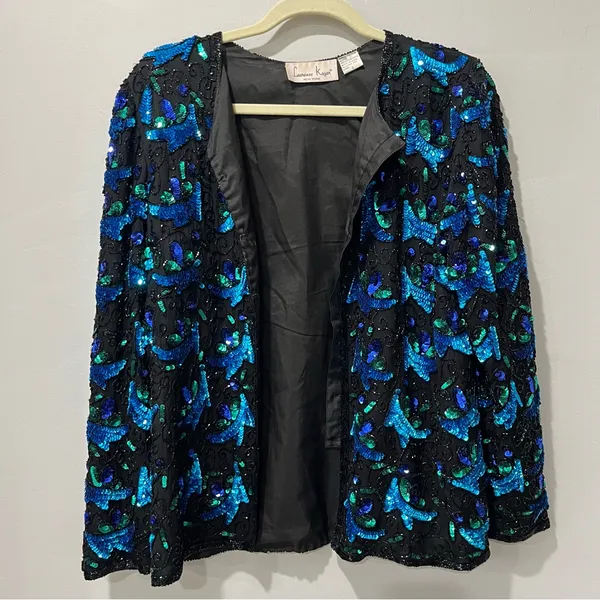 VTG Laurence Kazar SEQUIN Beaded EVENING SILK‎ JACKET Women's S Blue Black. - Image 2