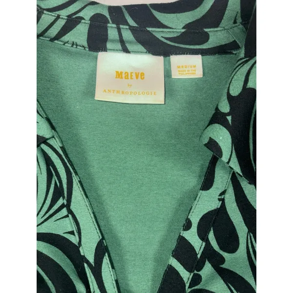 maeve anthropologie top Black‎ Green Ruched Button Front Medium Long Sleeve - Image 3