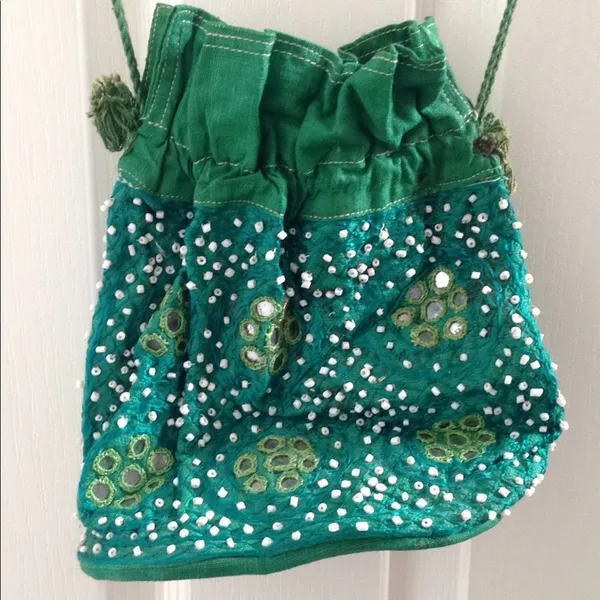 FINAL MARKDOWN MIRRORED & Beaded Drawstring Pouch Green - Image 3