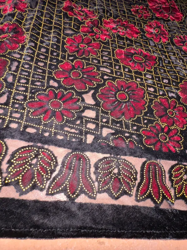 Vintage burnout velvet scarf/shawl in vibrant gold & red floral designs - Image 6