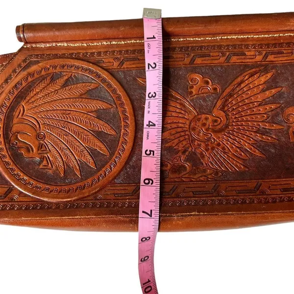 Vintage Abtik Hand-tooled Mayan Print Leather Clutch - Image 13
