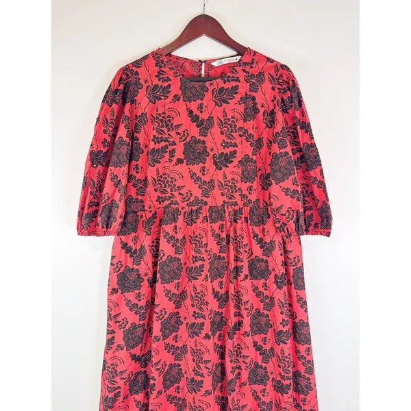 ZARA Womens Dress Red Midi Floral Shift Sequin Tiered 3/4 Sleeve Boho Medium - Image 5