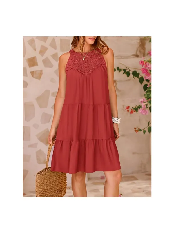Sleeveless Crochet Yoke Tiered Dress in Rust - Image 3