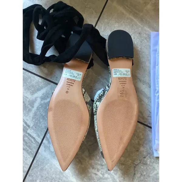 Schutz Barbrah Snake Embossed Leather Lace Up Pointed Toe Flats Natural 8.5 - Image 3
