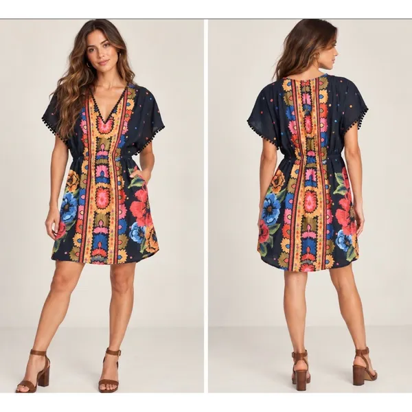 Farm Rio Anthropologie Black Floral Mini Dress Size S Boho V-Neck Pom Trim - Image 2