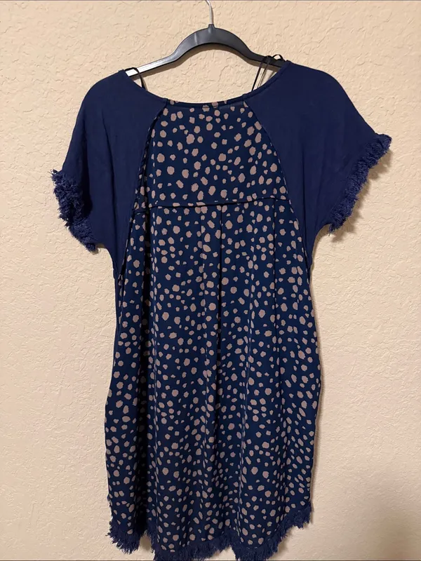 Umgee Navy Tunic Dress with Taupe Spot Print on back small - Image 2