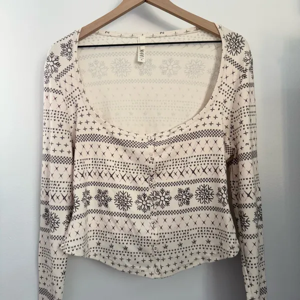 Skims 3X Fair Isle Cream Pointelle Henley Pajama Top Snowflakes Winter Holiday - Image 4