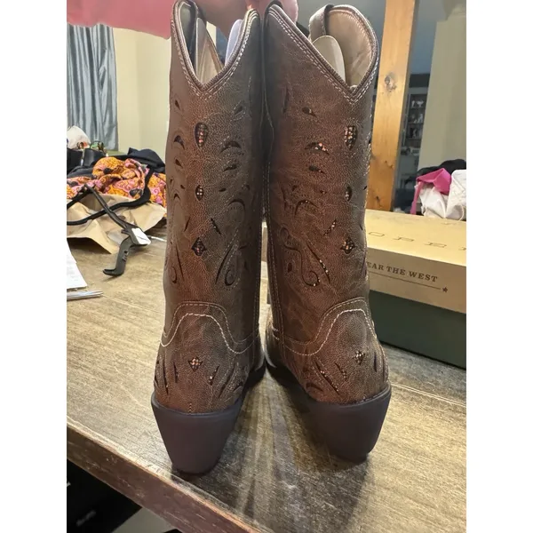 Roper Women's Chloe Snip Toe Glitter Underlay Western Boots Size 8 Brown - Image 6