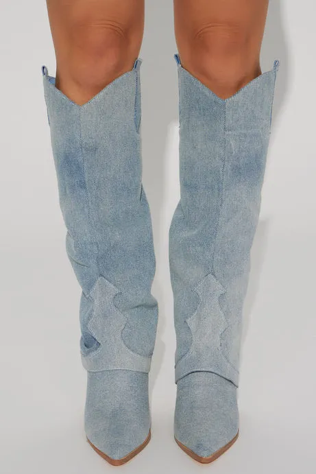 Blue Denim Knee High Cowboy Boots Size 8.5 - Image 4