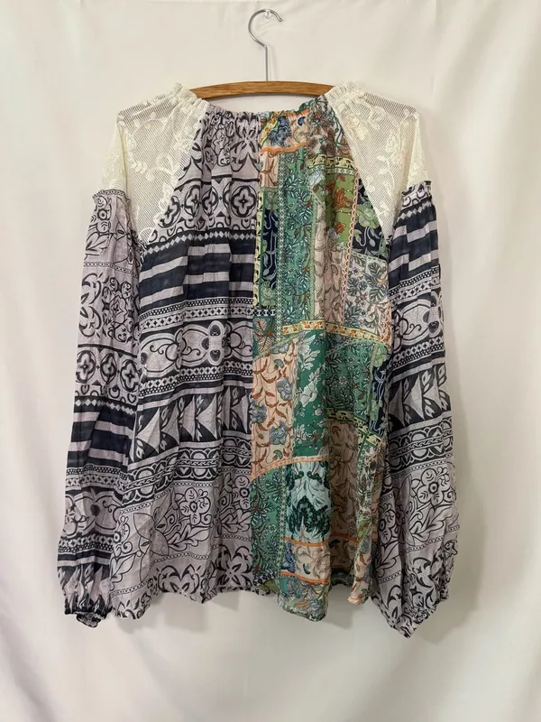 Easel Patchwork Blouse Size 1X Multicolor Boho Long Sleeve Lace Trim - Image 2