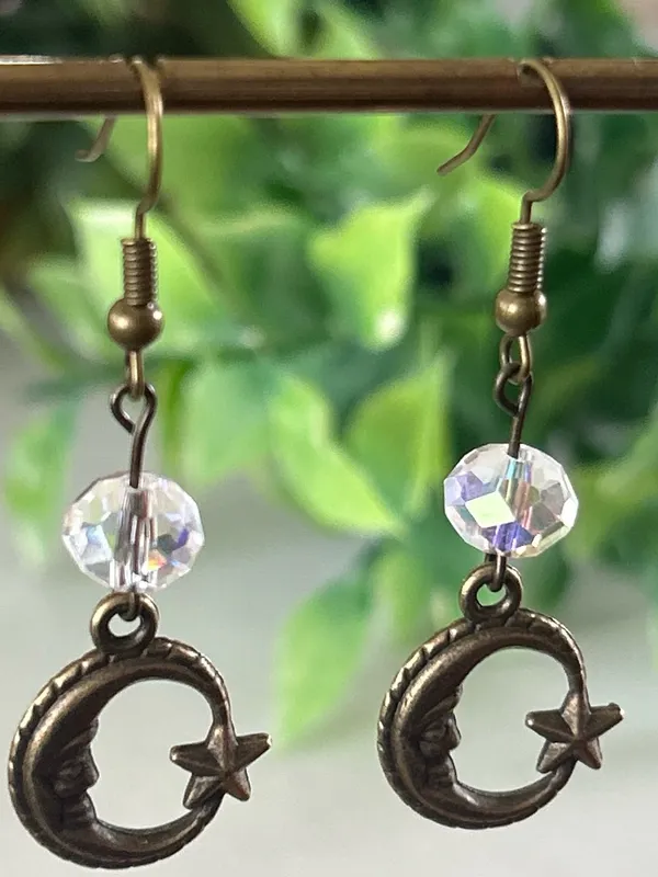 Handmade Celestial Moon & Star Dangle brass Earrings with Iridescent Crystal - Image 2