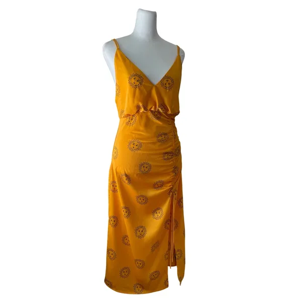 Urban Outfitters Golden Sun Print Deep V-Neck Sleeveless Ruched Slip Midi Dress - Image 7