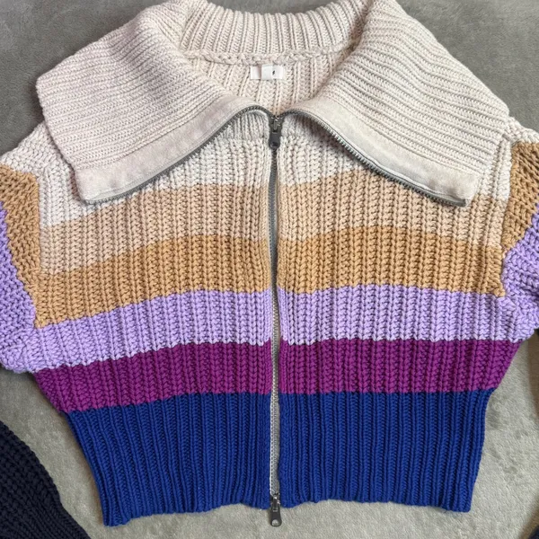 Women's Chunky Knit Colorblock Ribbed Knit Full Zip Sweater Size S Cropped Retro - Image 4