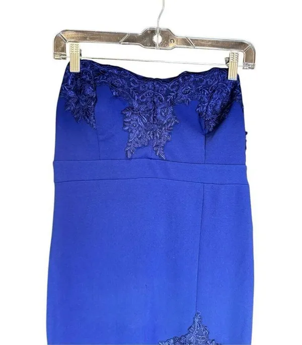 Twyla Royal Blue Embroidered Strapless Maxi Dress gown with slit Sz L - Image 5