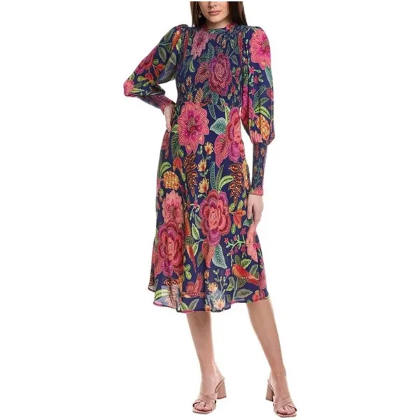 Farm Rio Macaw Bloom Floral Smocked Mock Neck Juliet Dress S - Image 8