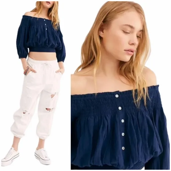 Free People We the Free Navy Blue Dancing Till Dawn Off Shoulder Crop Top XS - Image 8