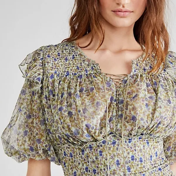 Free People Beatrice Floral Smocked Waist Top Size Small Y2K 90s Fairy - Image 3
