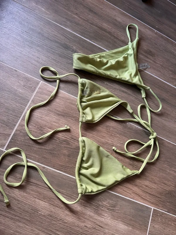 Olive Green Ribbed Triangle Bikini Set Size M Size M - Image 10