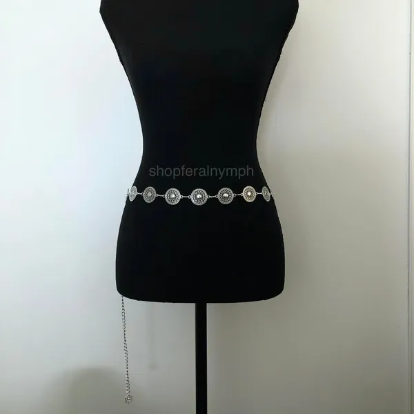 Vintage Y2K Boho Silver Mandala Circle Chain Belt, Fits 26.5–46 Inches, X7GA1166 - Image 4