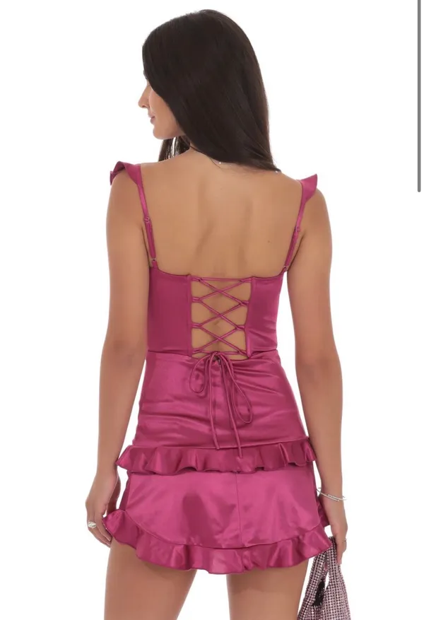 Lucy in the Sky Satin Ruffle Bodycon Dress in Magenta - Image 2