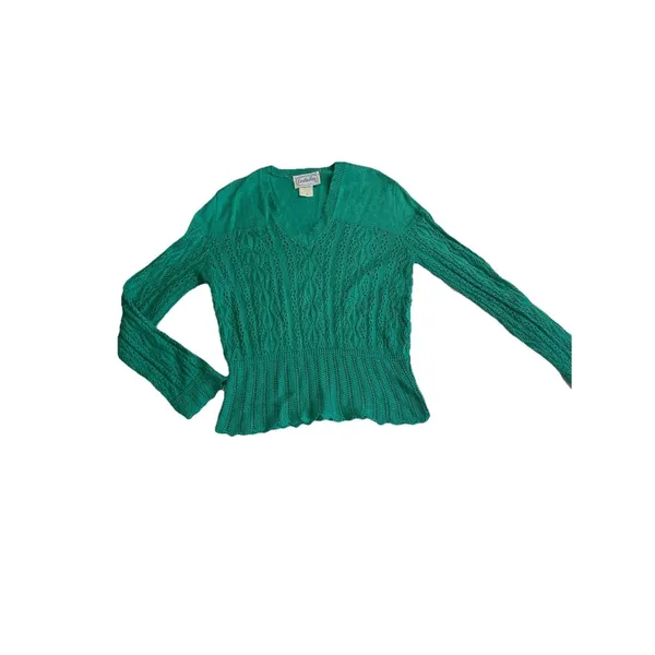 VTG Leslie Fay Sweater Size 10 Green Crochet V Neck Pointelle - Image 2