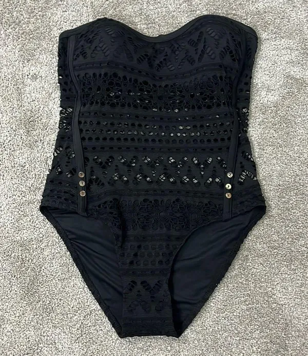 New Large Black Strapless Sheer Crochet One Piece Swim Suit with Button Detail - Image 3