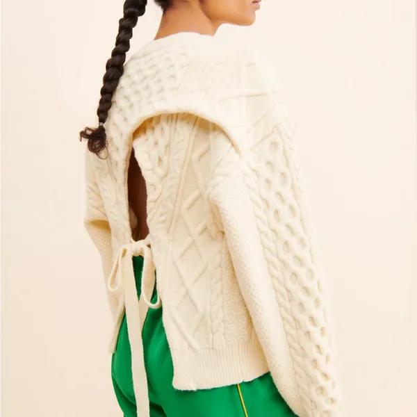 Anthropologie VIGOSS‎ Cable Knit Tie Back Sweater in Cream - Image 2