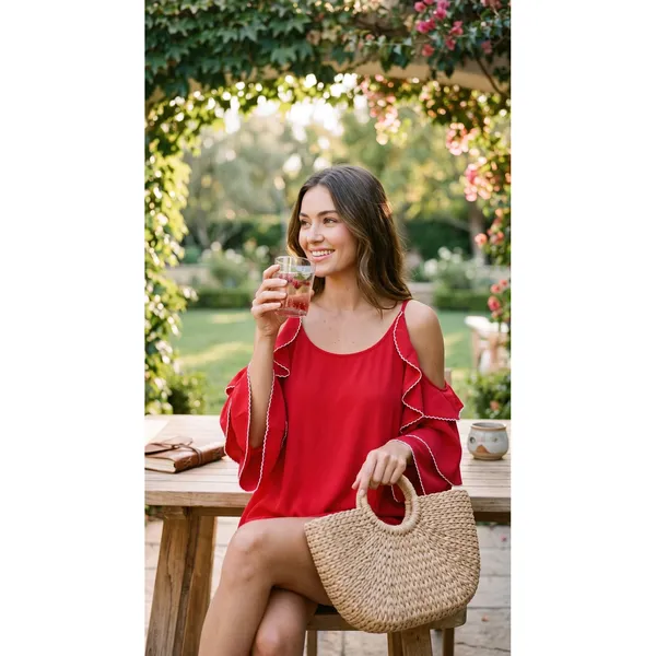 Umgee Red Cold Shoulder Tiered Ruffle Sleeve Picot Trim Boho Tunic Top Large - Image 12