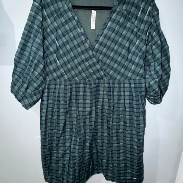 NWT Madewell Marianna Puff-Sleeve Mini Dress M Medium Plaid Green‎ X - Image 2