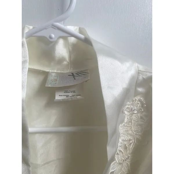 Vintage 90s Ivory Satin Bridal Peignoir Set Robe & Slip Floral Lace Pearl S - Image 3
