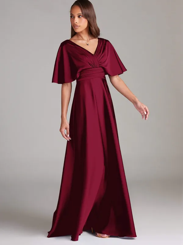 Azazie Pamela Burgundy Red A-Line Pleated Stretch Satin Dress - Image 2