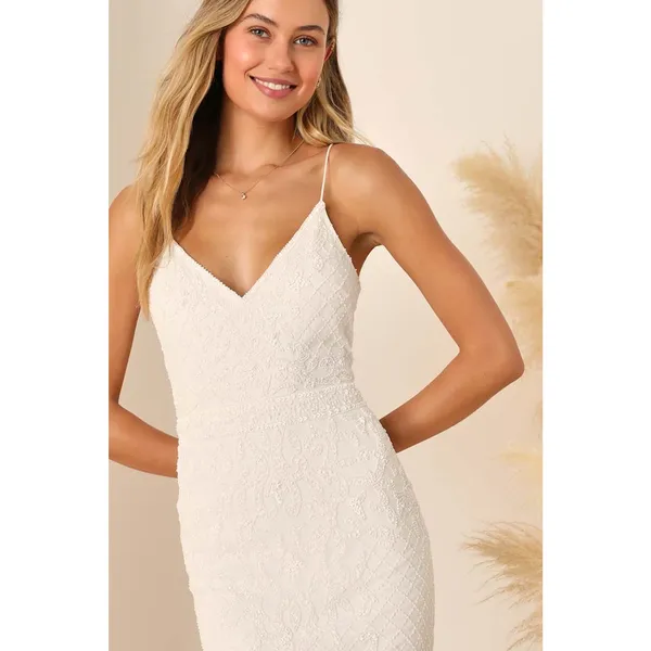 Lulus Cherished Vow White Beaded Backless Mermaid Dress Elegant Train Medium - Image 8