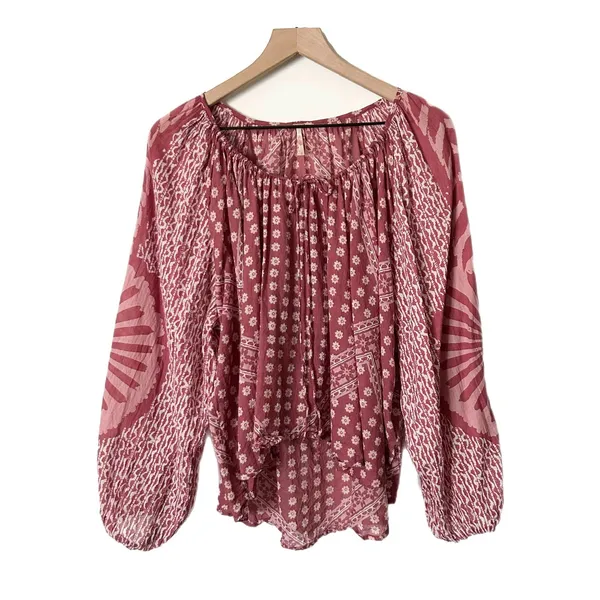 Free People Elena Top 100% Cotton Pink Boho Floral Peasant Blouse Size Small - Image 2